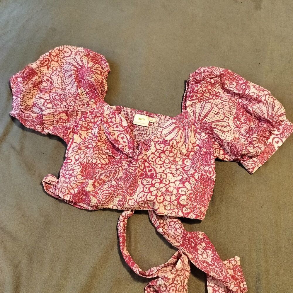 Maeve Anthropologie Pink Floral Tie Front Puff Sleeve Crop Top Boho Size 2X